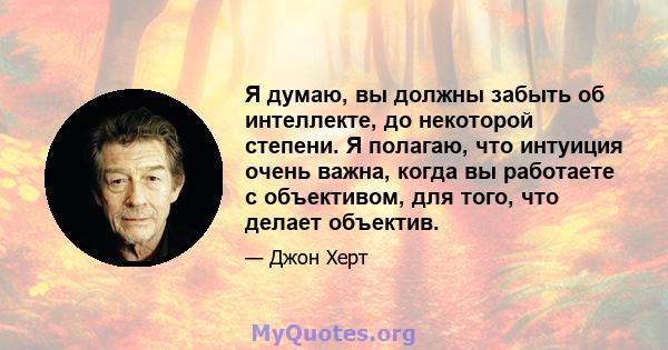 Я думаю, вы должны забыть об интеллекте, до некоторой степени. Я полагаю, что интуиция очень важна, когда вы работаете с объективом, для того, что делает объектив.