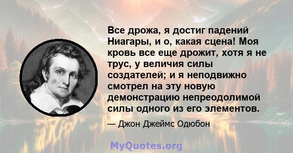 Все дрожа, я достиг падений Ниагары, и о, какая сцена! Моя кровь все еще дрожит, хотя я не трус, у величия силы создателей; и я неподвижно смотрел на эту новую демонстрацию непреодолимой силы одного из его элементов.