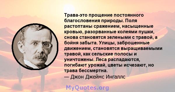 Трава-это прощение постоянного благословения природы. Поля растоптаны сражением, насыщенные кровью, разорванные колеями пушки, снова становятся зелеными с травой, а бойня забыта. Улицы, заброшенные движением, становятся 