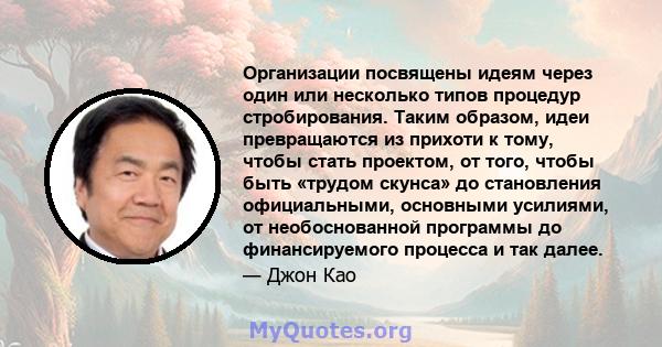 Организации посвящены идеям через один или несколько типов процедур стробирования. Таким образом, идеи превращаются из прихоти к тому, чтобы стать проектом, от того, чтобы быть «трудом скунса» до становления