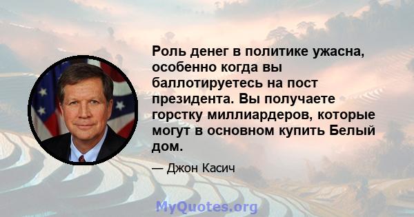 Роль денег в политике ужасна, особенно когда вы баллотируетесь на пост президента. Вы получаете горстку миллиардеров, которые могут в основном купить Белый дом.