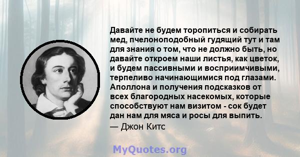 Давайте не будем торопиться и собирать мед, пчелоноподобный гудящий тут и там для знания о том, что не должно быть, но давайте откроем наши листья, как цветок, и будем пассивными и восприимчивыми, терпеливо