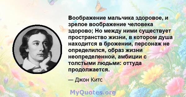 Воображение мальчика здоровое, и зрелое воображение человека здорово; Но между ними существует пространство жизни, в котором душа находится в брожении, персонаж не определился, образ жизни неопределенной, амбиции с