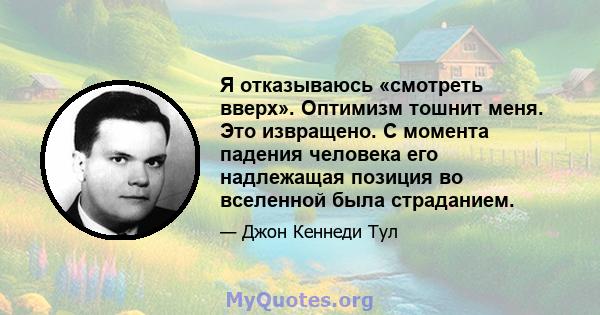 Я отказываюсь «смотреть вверх». Оптимизм тошнит меня. Это извращено. С момента падения человека его надлежащая позиция во вселенной была страданием.