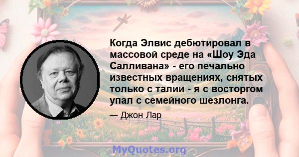 Когда Элвис дебютировал в массовой среде на «Шоу Эда Салливана» - его печально известных вращениях, снятых только с талии - я с восторгом упал с семейного шезлонга.