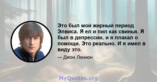 Это был мой жирный период Элвиса. Я ел и пил как свинья. Я был в депрессии, и я плакал о помощи. Это реально. И я имел в виду это.