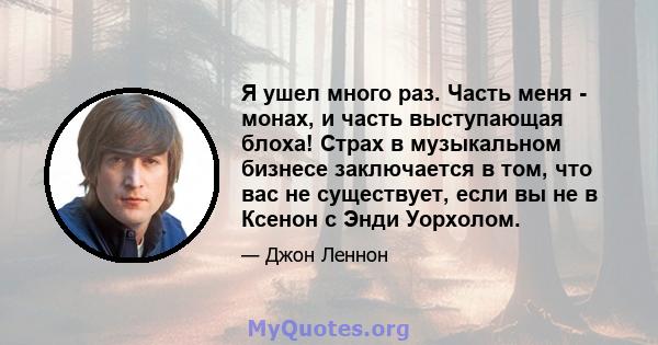 Я ушел много раз. Часть меня - монах, и часть выступающая блоха! Страх в музыкальном бизнесе заключается в том, что вас не существует, если вы не в Ксенон с Энди Уорхолом.