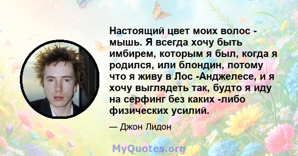 Настоящий цвет моих волос - мышь. Я всегда хочу быть имбирем, которым я был, когда я родился, или блондин, потому что я живу в Лос -Анджелесе, и я хочу выглядеть так, будто я иду на серфинг без каких -либо физических