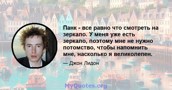 Панк - все равно что смотреть на зеркало. У меня уже есть зеркало, поэтому мне не нужно потомство, чтобы напомнить мне, насколько я великолепен.