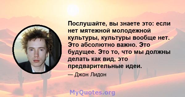 Послушайте, вы знаете это: если нет мятежной молодежной культуры, культуры вообще нет. Это абсолютно важно. Это будущее. Это то, что мы должны делать как вид, это предварительные идеи.