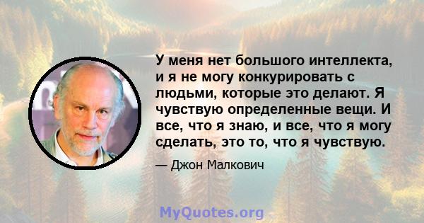 У меня нет большого интеллекта, и я не могу конкурировать с людьми, которые это делают. Я чувствую определенные вещи. И все, что я знаю, и все, что я могу сделать, это то, что я чувствую.