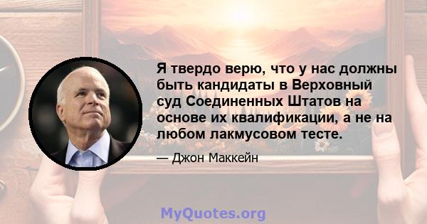 Я твердо верю, что у нас должны быть кандидаты в Верховный суд Соединенных Штатов на основе их квалификации, а не на любом лакмусовом тесте.