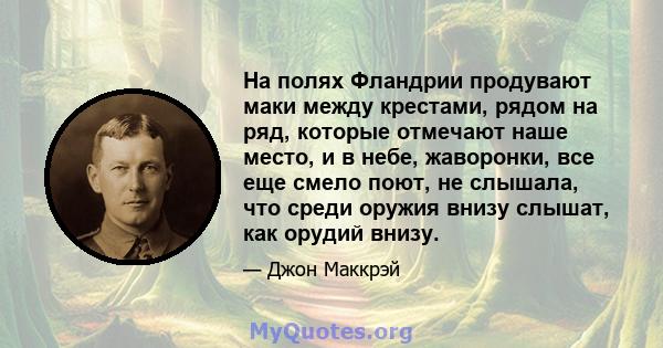 На полях Фландрии продувают маки между крестами, рядом на ряд, которые отмечают наше место, и в небе, жаворонки, все еще смело поют, не слышала, что среди оружия внизу слышат, как орудий внизу.