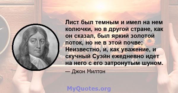 Лист был темным и имел на нем колючки, но в другой стране, как он сказал, был яркий золотой поток, но не в этой почве; Неизвестно, и, как уважение, и скучный Суэйн ежедневно идет на него с его затронутым шуном.