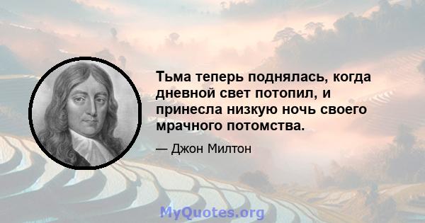 Тьма теперь поднялась, когда дневной свет потопил, и принесла низкую ночь своего мрачного потомства.