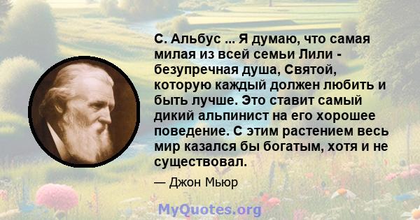 C. Альбус ... Я думаю, что самая милая из всей семьи Лили - безупречная душа, Святой, которую каждый должен любить и быть лучше. Это ставит самый дикий альпинист на его хорошее поведение. С этим растением весь мир