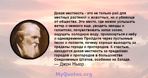 Дикая местность - это не только рай для местных растений и животных, но и убежище от общества. Это место, где можно услышать ветер и немного еще, увидеть звезды и галактики, почувствовать запах сосен, ощущать холодную