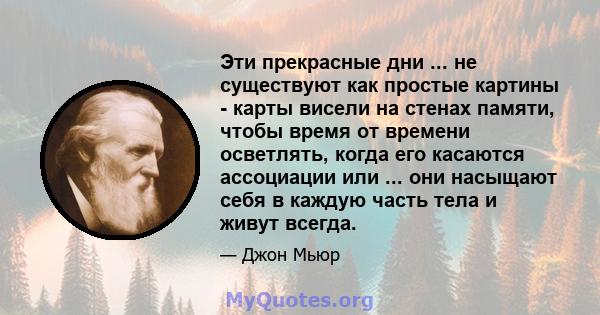 Эти прекрасные дни ... не существуют как простые картины - карты висели на стенах памяти, чтобы время от времени осветлять, когда его касаются ассоциации или ... они насыщают себя в каждую часть тела и живут всегда.