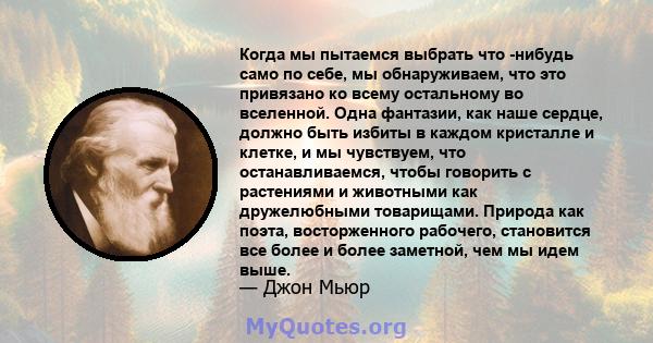 Когда мы пытаемся выбрать что -нибудь само по себе, мы обнаруживаем, что это привязано ко всему остальному во вселенной. Одна фантазии, как наше сердце, должно быть избиты в каждом кристалле и клетке, и мы чувствуем,