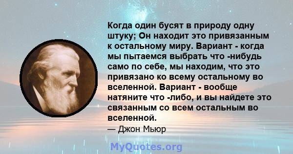 Когда один бусят в природу одну штуку; Он находит это привязанным к остальному миру. Вариант - когда мы пытаемся выбрать что -нибудь само по себе, мы находим, что это привязано ко всему остальному во вселенной. Вариант