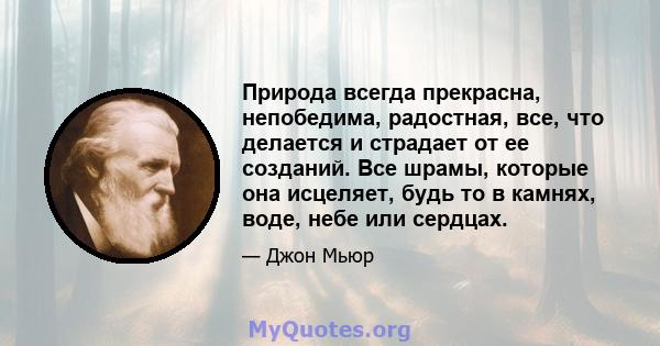 Природа всегда прекрасна, непобедима, радостная, все, что делается и страдает от ее созданий. Все шрамы, которые она исцеляет, будь то в камнях, воде, небе или сердцах.