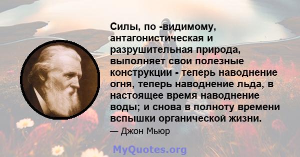 Силы, по -видимому, антагонистическая и разрушительная природа, выполняет свои полезные конструкции - теперь наводнение огня, теперь наводнение льда, в настоящее время наводнение воды; и снова в полноту времени вспышки