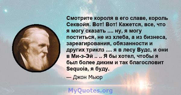 Смотрите короля в его славе, король Секвойя. Вот! Вот! Кажется, все, что я могу сказать .... ну, я могу поститься, не из хлеба, а из бизнеса, зареагирования, обязанности и других триклз .... я в лесу Вудс, и они в