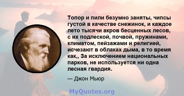 Топор и пили безумно заняты, чипсы густой в качестве снежинок, и каждое лето тысячи акров бесценных лесов, с их подлеской, почвой, пружинами, климатом, пейзажами и религией, исчезают в облаках дыма, в то время как,, За