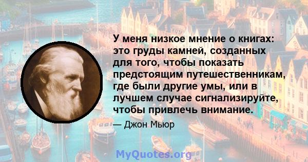 У меня низкое мнение о книгах: это груды камней, созданных для того, чтобы показать предстоящим путешественникам, где были другие умы, или в лучшем случае сигнализируйте, чтобы привлечь внимание.