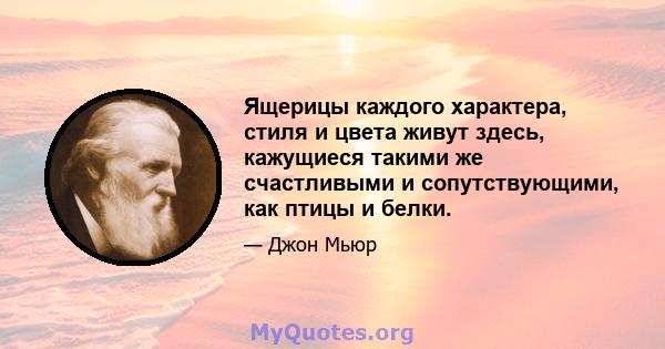 Ящерицы каждого характера, стиля и цвета живут здесь, кажущиеся такими же счастливыми и сопутствующими, как птицы и белки.