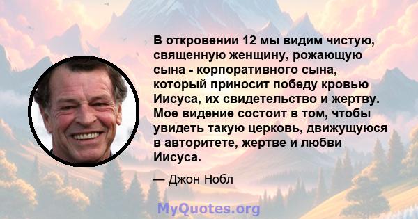 В откровении 12 мы видим чистую, священную женщину, рожающую сына - корпоративного сына, который приносит победу кровью Иисуса, их свидетельство и жертву. Мое видение состоит в том, чтобы увидеть такую ​​церковь,