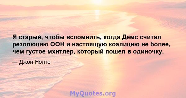 Я старый, чтобы вспомнить, когда Демс считал резолюцию ООН и настоящую коалицию не более, чем густое мхитлер, который пошел в одиночку.