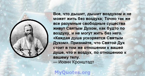 Все, что дышит, дышит воздухом и не может жить без воздуха; Точно так же все разумные свободные существа живут Святым Духом, как будто по воздуху, и не могут жить без него. «Каждая душа ускоряется Святым Духом».