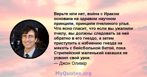 Верьте или нет, война с Ираком основана на здравом научном принципе, принципе пчелиного улья. Что ясно гласит, что если вы ужалили пчелу, вы должны следовать за ней обратно в его гнездо, а затем приступить к избиению