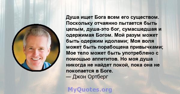 Душа ищет Бога всем его существом. Поскольку отчаянно пытается быть целым, душа-это бог, сумасшедшая и одержимая Богом. Мой разум может быть одержим идолами; Моя воля может быть порабощена привычками; Мое тело может