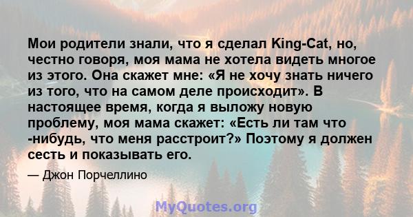 Мои родители знали, что я сделал King-Cat, но, честно говоря, моя мама не хотела видеть многое из этого. Она скажет мне: «Я не хочу знать ничего из того, что на самом деле происходит». В настоящее время, когда я выложу