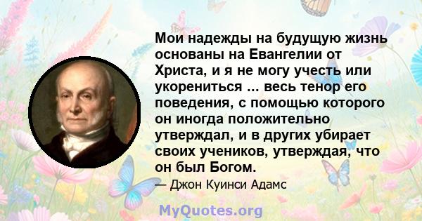 Мои надежды на будущую жизнь основаны на Евангелии от Христа, и я не могу учесть или укорениться ... весь тенор его поведения, с помощью которого он иногда положительно утверждал, и в других убирает своих учеников,