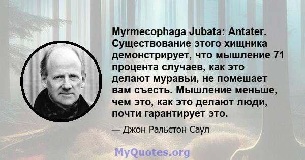 Myrmecophaga Jubata: Antater. Существование этого хищника демонстрирует, что мышление 71 процента случаев, как это делают муравьи, не помешает вам съесть. Мышление меньше, чем это, как это делают люди, почти гарантирует 