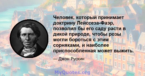 Человек, который принимает доктрину Лейссеза-Фаэр, позволил бы его саду расти в дикой природе, чтобы розы могли бороться с этим сорняками, и наиболее приспособленная может выжить.