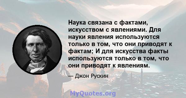 Наука связана с фактами, искусством с явлениями. Для науки явления используются только в том, что они приводят к фактам; И для искусства факты используются только в том, что они приводят к явлениям.