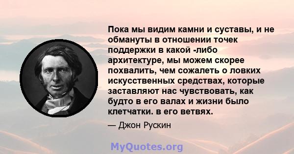 Пока мы видим камни и суставы, и не обмануты в отношении точек поддержки в какой -либо архитектуре, мы можем скорее похвалить, чем сожалеть о ловких искусственных средствах, которые заставляют нас чувствовать, как будто 