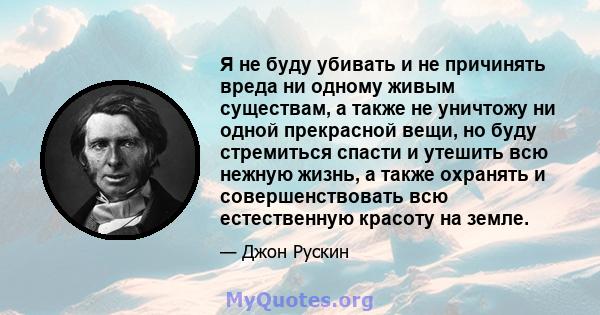 Я не буду убивать и не причинять вреда ни одному живым существам, а также не уничтожу ни одной прекрасной вещи, но буду стремиться спасти и утешить всю нежную жизнь, а также охранять и совершенствовать всю естественную