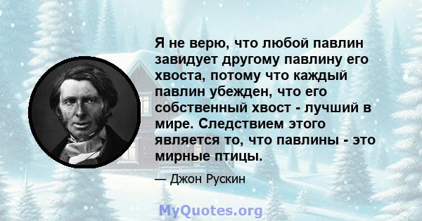 Я не верю, что любой павлин завидует другому павлину его хвоста, потому что каждый павлин убежден, что его собственный хвост - лучший в мире. Следствием этого является то, что павлины - это мирные птицы.