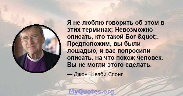 Я не люблю говорить об этом в этих терминах; Невозможно описать, кто такой Бог ". Предположим, вы были лошадью, и вас попросили описать, на что похож человек. Вы не могли этого сделать.