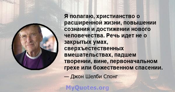 Я полагаю, христианство о расширенной жизни, повышении сознания и достижении нового человечества. Речь идет не о закрытых умах, сверхъестественных вмешательствах, падшем творении, вине, первоначальном грехе или