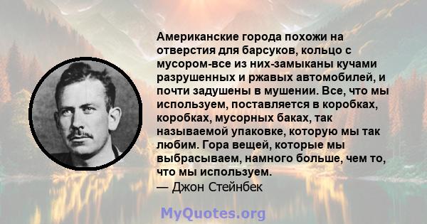 Американские города похожи на отверстия для барсуков, кольцо с мусором-все из них-замыканы кучами разрушенных и ржавых автомобилей, и почти задушены в мушении. Все, что мы используем, поставляется в коробках, коробках,