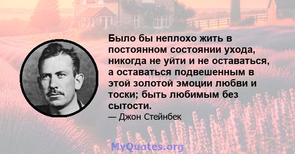 Было бы неплохо жить в постоянном состоянии ухода, никогда не уйти и не оставаться, а оставаться подвешенным в этой золотой эмоции любви и тоски; быть любимым без сытости.