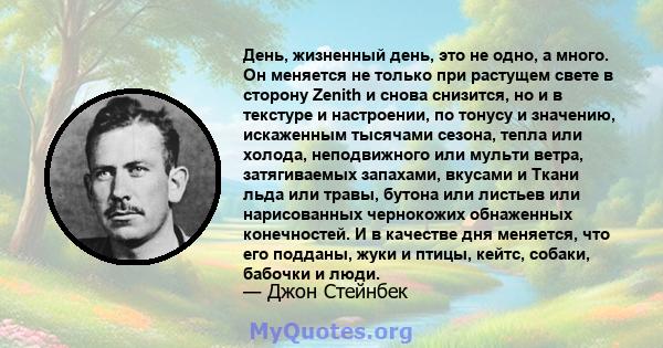 День, жизненный день, это не одно, а много. Он меняется не только при растущем свете в сторону Zenith и снова снизится, но и в текстуре и настроении, по тонусу и значению, искаженным тысячами сезона, тепла или холода,