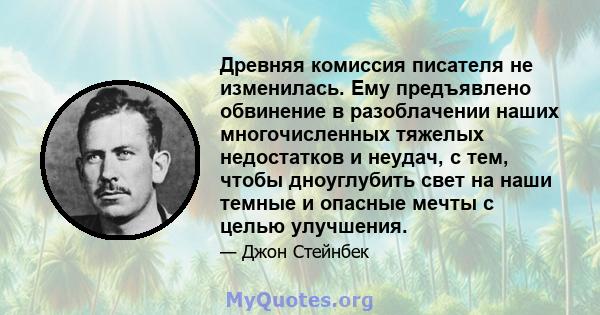 Древняя комиссия писателя не изменилась. Ему предъявлено обвинение в разоблачении наших многочисленных тяжелых недостатков и неудач, с тем, чтобы дноуглубить свет на наши темные и опасные мечты с целью улучшения.