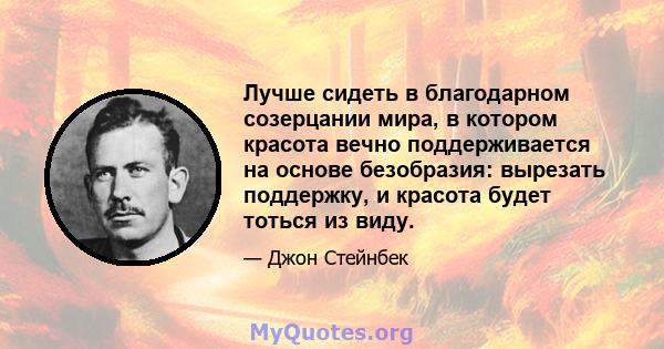 Лучше сидеть в благодарном созерцании мира, в котором красота вечно поддерживается на основе безобразия: вырезать поддержку, и красота будет тоться из виду.